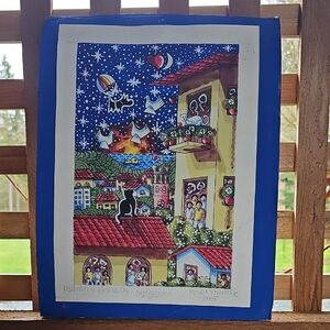 Set Of 3 Colorful Folk Art Village Print with Night Sky